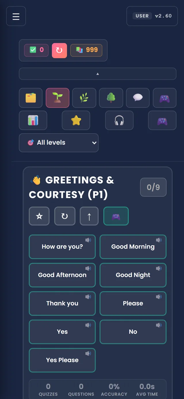 Chika With Me on a phone — vocabulary grouped by topic, each word with a native-speaker audio button